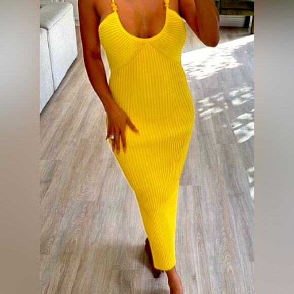 NWOT Revolve x House of Harlow 1960 Lemon Striped Ribbed Beaded Midi Dress small - Picture 1 of 9